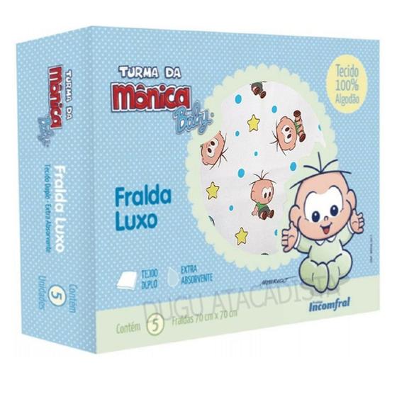 Imagem de Fralda de Pano Bebê Luxo Turma da Monica 70x70cm - 5 Unidades Caixa Alta Absorção Grande