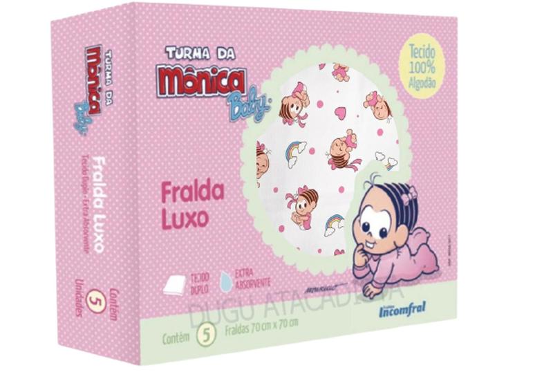 Imagem de Fralda de Pano Bebê Luxo Turma da Monica 70x70cm - 5 Unidades Caixa