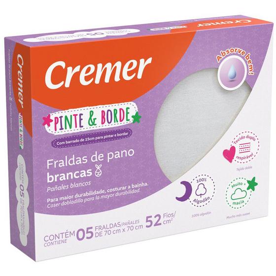 Imagem de Fralda de Pano Cremer Luxo Branca - caixa c/5 - PINTE E BORDE