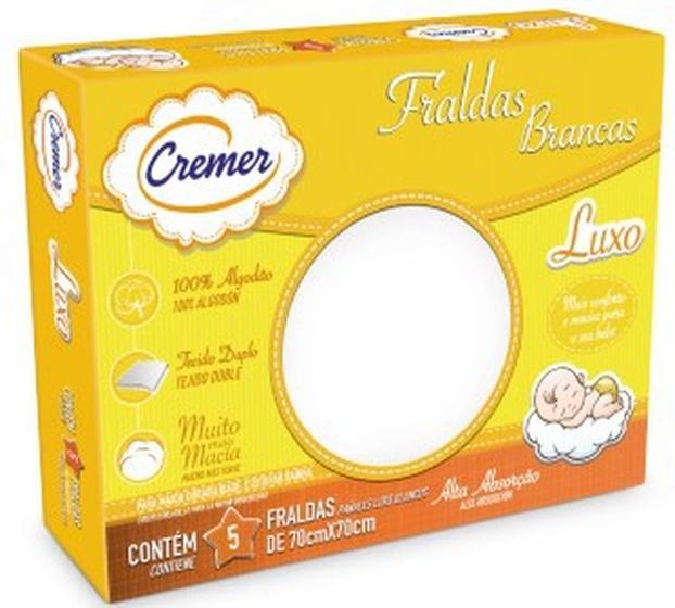 Imagem de Fralda de Pano Cremer Luxo Branca para Bebê Com 5 Peças