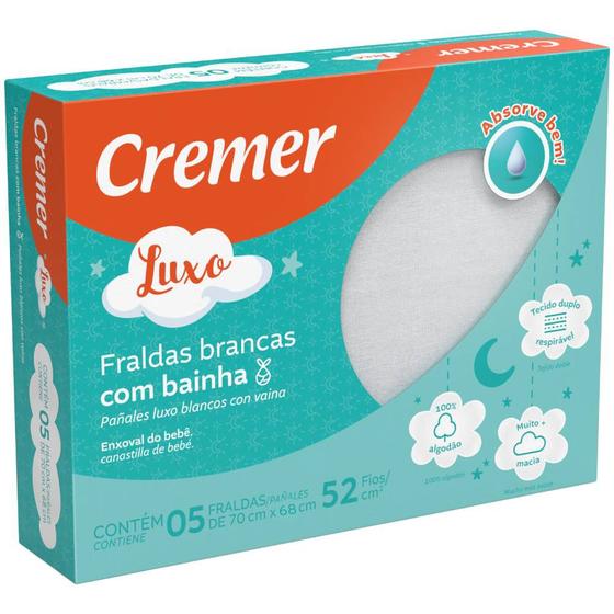 Fralda de Pano - Cremer - Luxo com Bainha - Branca - 5 Unidades Menor preço em Fralda de Pano - Cremer - Luxo com Bainha - Branca - 5 Unidades