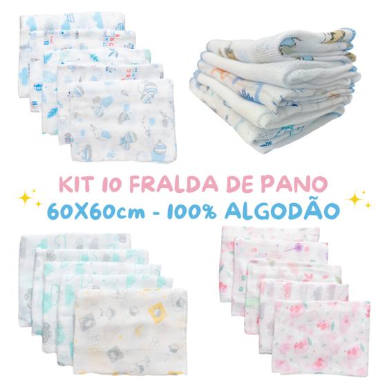 Imagem de Fralda de pano kit com 10 unidades 60x60cm 100% algodão Minasrey Bebê Babete Toalinha