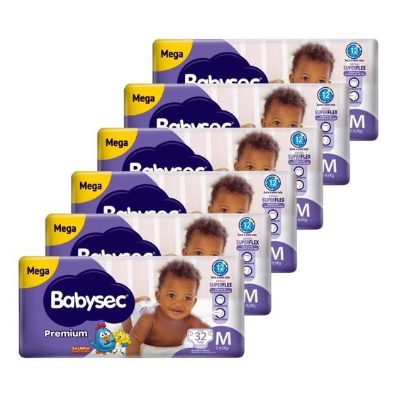 Imagem de Fralda Descartável Babysec Premium Mega Tamanho M - 6 Pacotes com 32 Fraldas - Total 192 Tiras