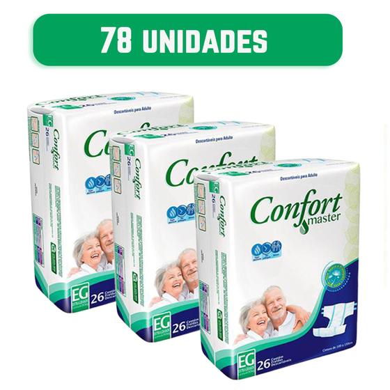 Fralda Descartável Geriátrica Adulto Confort Master EG Com 78 Unidades - 3 Pacotes com 26 Tiras Menor preço em Fralda Descartável Geriátrica Adulto Confort Master EG Com 78 Unidades - 3 Pacotes com 26 Tiras