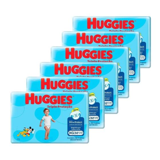 Imagem de Fralda Descartável Huggies Tripla Proteção Mega Extra Grande Tamanho XG - 6 Pacotes com 32 Fraldas - Total 192 Tiras