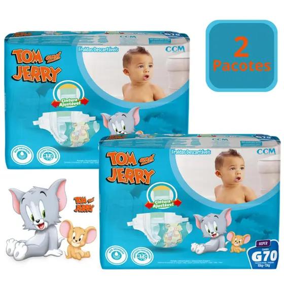 Imagem de Fralda Descartável Infantil Tom e Jerry Hiper 2 Pacotes Tamanho G Com 70 Unidades Cada - TOM  JERRY
