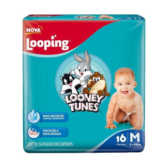 Imagem de Fralda Descartável Looping Looney Tunes Jumbinho Média - 8 Pacotes com 16 Fraldas - Total 128 Tiras
