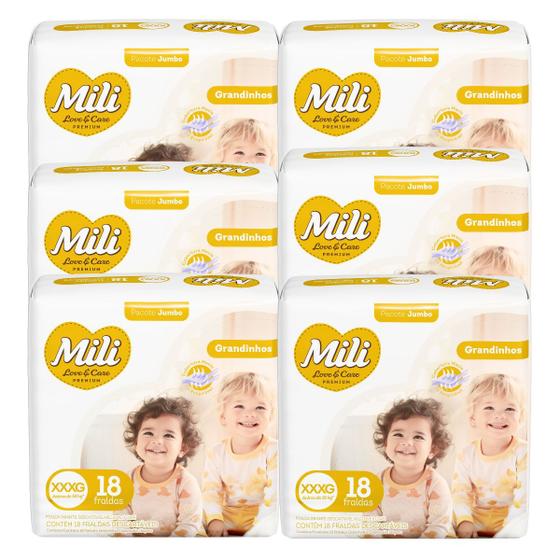 Imagem de Fralda Descartável Mili Love & Care 6 Pacotes c/ 18 (total: 108 fraldas)  Tam: XXXG - Grandinho