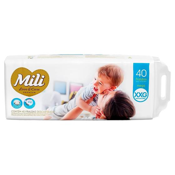 Fralda Descartável Mili Love E Care Mega XXG Com 40 Unidades Imagem de Fralda Descartável Mili Love E Care Mega XXG Com 40 Unidades