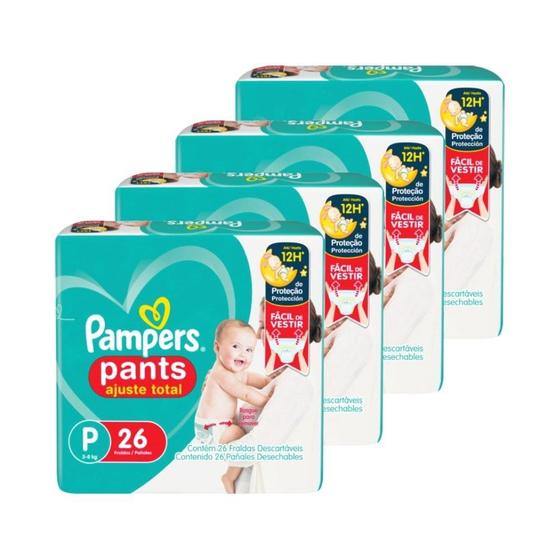 Imagem de Fralda Descartável Pampers, Pants Ajuste Total, Pacotão Pequena - 4 Pacotes com 26 Tiras