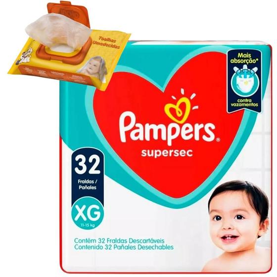 Imagem de Fralda descartavel Pampers XG 32un combo com lenço umedecido