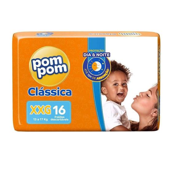 Imagem de Fralda Descartável Pom Pom Clássica Jumbo, Extra Extra Grande - 8 Pacotes com 16 Tiras