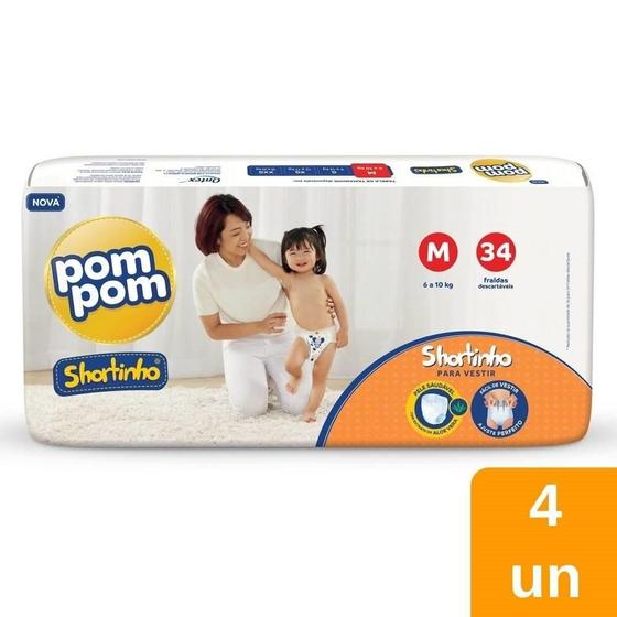 Imagem de Fralda Descartável Pom Pom Shortinho Jumbo Tamanho M - 4 Pacotes com 34 Fraldas - Total 136 Tiras