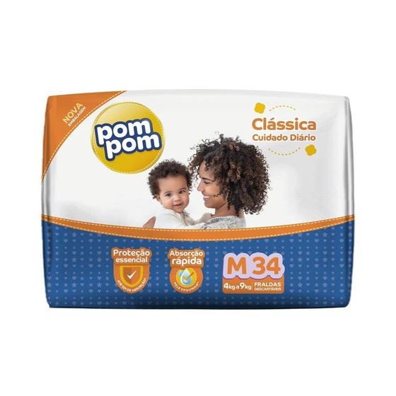 Imagem de Fralda Descartável PomPom Clássica Econômica Tamanho M - 8 Pacotes com 34 Fraldas - Total 272 Tiras