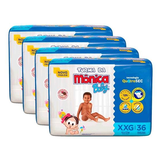 Imagem de Fralda Descartável Turma da Mônica Tamanho XXG - 4 Pacotes com 36 Fraldas - Total 144 Tiras