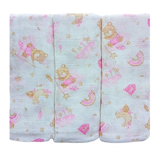 Imagem de Fralda estampada bebe com bainha de tecido 100% algodão camada dupla kit enxoval macia maternidade menina menino presente chá