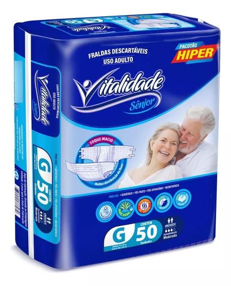 Imagem de Fralda Geriátrica Adulto Descartável Unissex Vitalidade Hiper Sênior Tamanho G 50 Unidades
