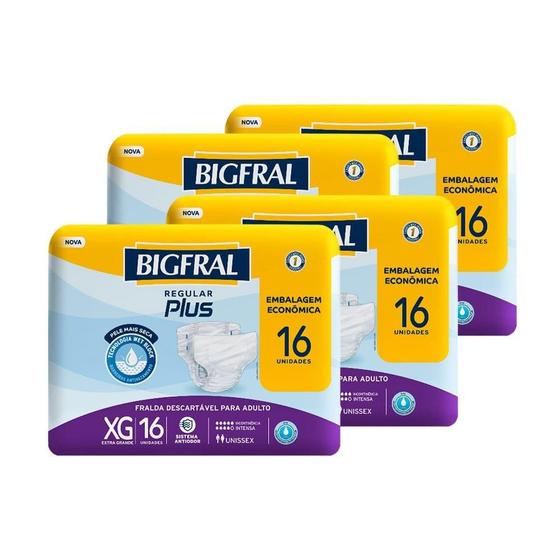 Imagem de Fralda Geriátrica Bigfral Plus Regular Tamanho XG - 4 Pacotes com 16 Fraldas - Total 64 Tiras