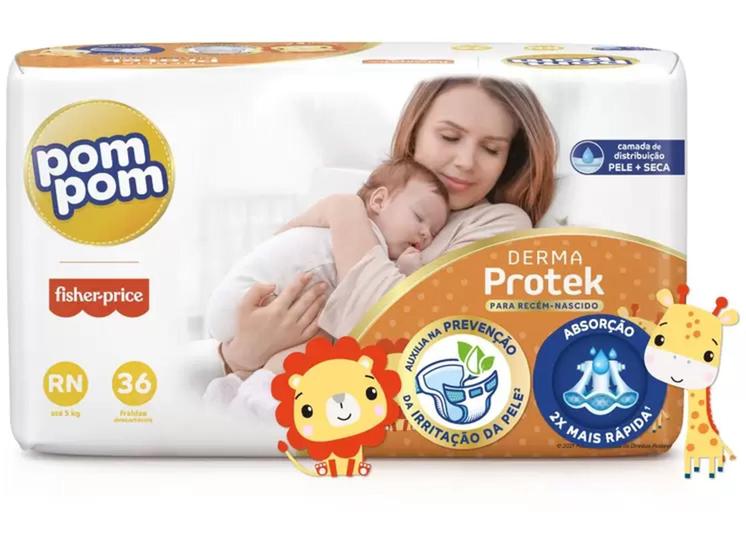 Imagem de Fralda Pom Pom Fisher Price Derma Protek Tamanho RN até 5kg Com 36 Unidades