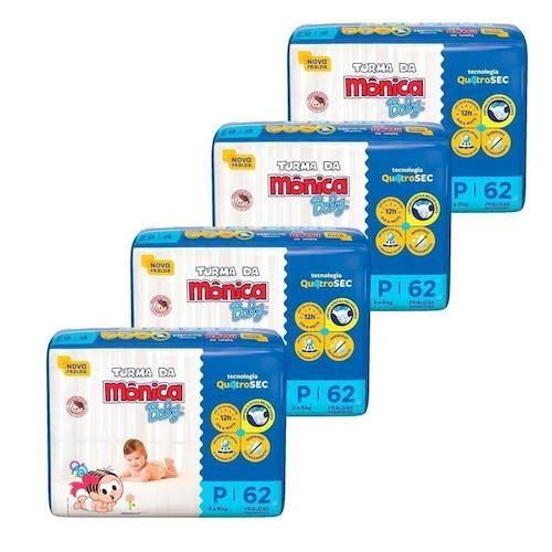 Imagem de Fralda Turma da Mônica Baby Tam. P - 3 a 5 kg - Kit 4 Pacotes com 62 Unidades Cada