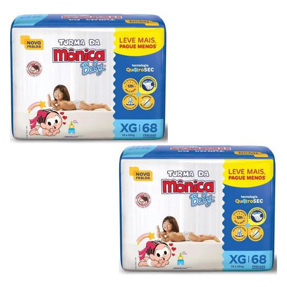 Imagem de Fraldas 2 Pacotes Bag Turma da Monica Baby Hiper Tamanho XG 68 Fraldas - 12 a 15Kg