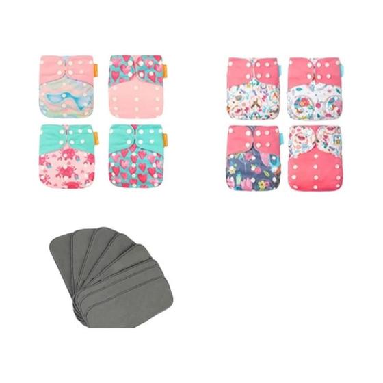 Imagem de Fraldas de Pano Ajustáveis Happyflute - Tamanho Único (8 Fraldas + 8 Inserções)