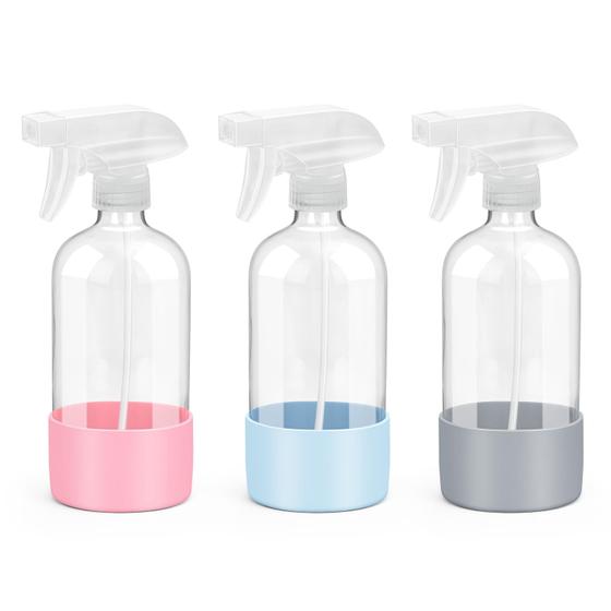 Imagem de Frascos de Spray de Vidro Rionisor (500ml) - Kit com 3 Unidades - Com Capa de Silicone