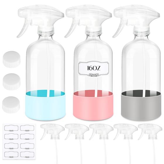 Imagem de Frascos de Spray de Vidro ZENOWICK 480ml (Kit com 3) com Capa de Silicone