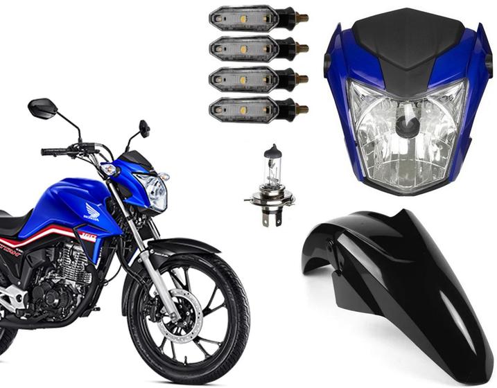 Imagem de Frente Azul Cg Titan 160 + 4 Piscas Led + Lâmpada Farol Philips + Paralama Dianteiro Preto 2017 Até 2021