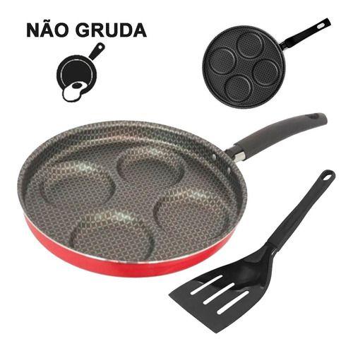 Imagem de Frigideira Antiaderente de Aluminio Para 4 Ovos e Hamburguer 26cm Gourmet Multiflon Vermelha