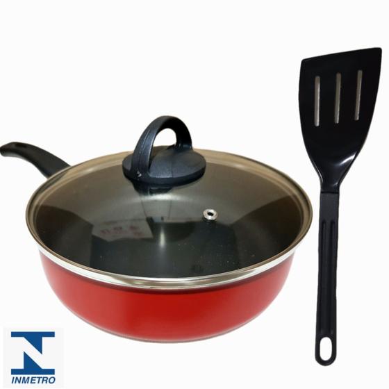 Frigideira Antiaderente Grande N24 Com tampa de Vidro Espátula De Nylon - Marcolar