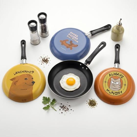 Conjunto de frigideiras temáticas Tramontina com diferentes estampas incluindo ovo frito e gato
