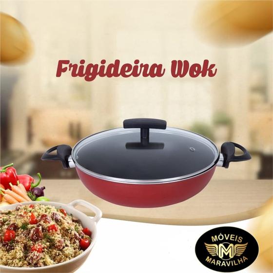 Frigideira Wok 32cm Vermelha - 5 Camadas Antiaderente Tampa De Vidro Menor preço em Frigideira Wok 32cm Vermelha - 5 Camadas Antiaderente Tampa De Vidro