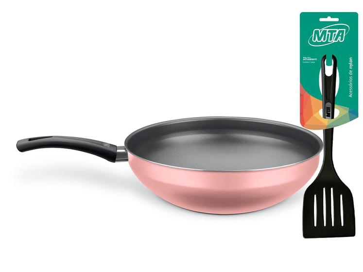 Imagem de Frigideira Wok Flora Antiaderente Superflon com Cabo Longo  Cor Cereja + Espatula