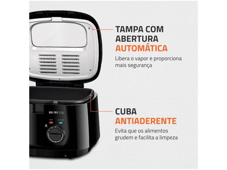 Diagrama da fritadeira Mondial mostrando os detalhes da tampa com abertura automática e da cuba interna antiaderente