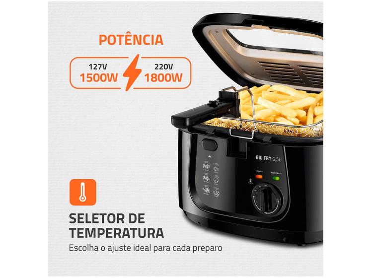 Gráfico informativo da fritadeira Mondial destacando a potência de 1500W para 127V e 1800W para 220V e o seletor de temperatura