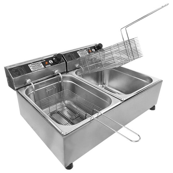 Imagem de Fritadeira Elétrica Industrial 2 Cubas 14 Litros Aço Inox 6000W 220V ou 5000W 110V