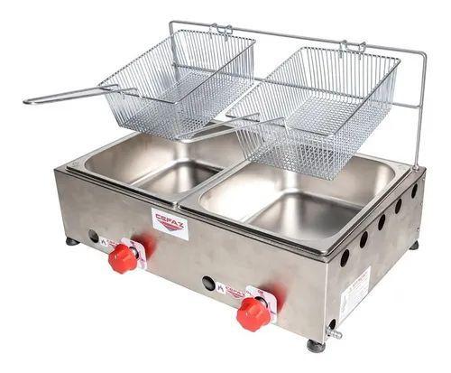 Imagem de Fritadeira Industrial 2 Cubas Inox 5 Litros À Gás Profissional Salgado Porções Pastéis Baixa Pressão