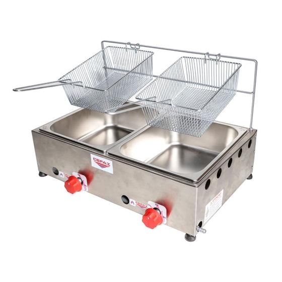 Imagem de Fritadeira Industrial Baixa Pressão 2 Cubas Inox 5 Litros À Gás Profissional Salgado Porções Pastéis