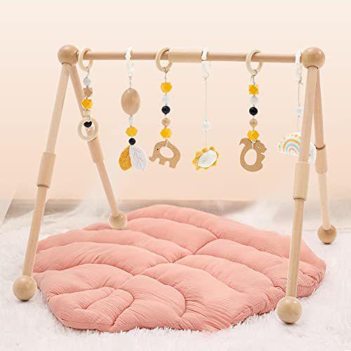 Imagem de Frogprin Wooden Baby Gym com 6 brinquedos suspensos, jogo de madeira 