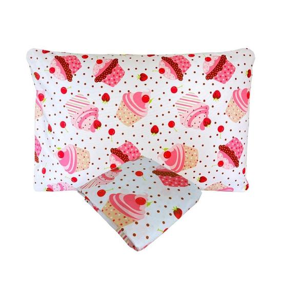 Imagem de Fronha e Lençol de Elástico Cupcake Mini Cama 70x150cm Percal 160 Fios 100% Algodão Arrumadinho