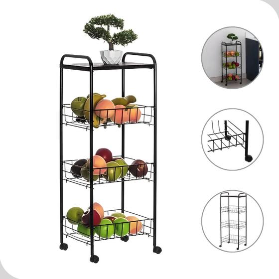 Imagem de Fruteira de Chão 3 Andares Cesto em Inox Com Tampo e Rodinhas Cozinha