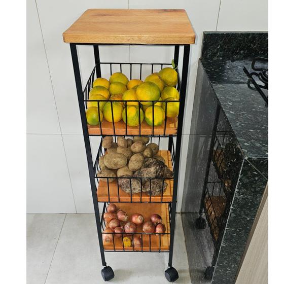 Fruteira de Chão com Rodinhas Ferro e Madeira Maciça 3 Andares
