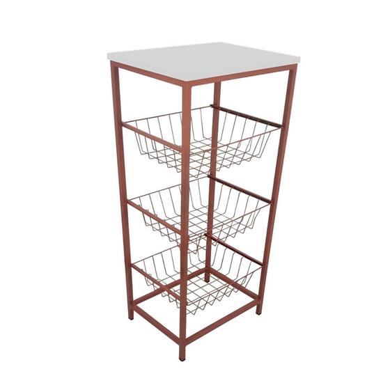 Imagem de Fruteira De Cozinha De Chão Montreal Em Aço E Mdf 3 Cestos - Cobre/Branco
