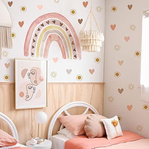 Imagem de funlife Grande Aquarela Rainbow Wall Decalques Peel and Stick, Boho Yellow Sun Wall Decal Boho Heart Wall Sticker para Meninas Decoração Quarto, Crianças Berçário Sala Sunrise Playroom Wall Art Decor Decal