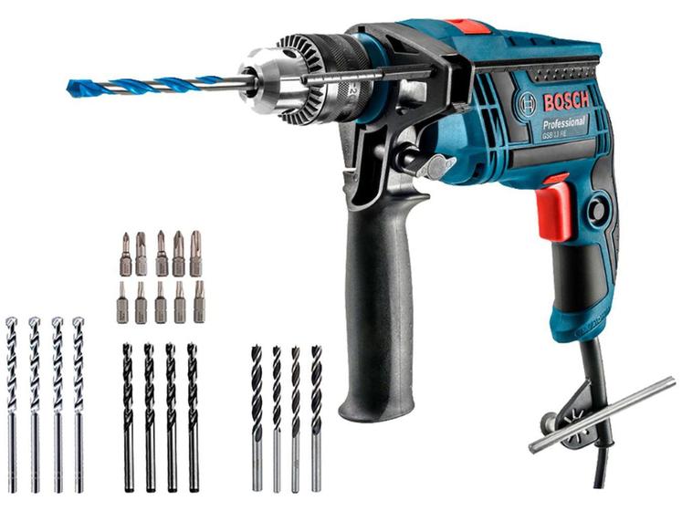 Imagem de Furadeira de Impacto Bosch 650W Velocidade 1/2” - Variável Mandril GSB 13 RE Pro Com 23 Acessórios