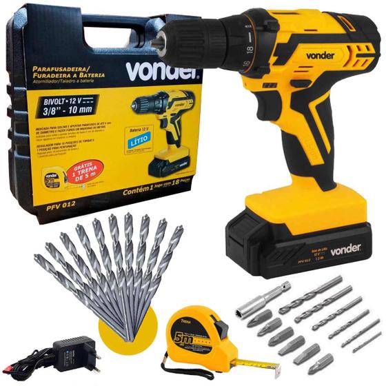 Imagem de Furadeira e Parafusadeira Bateria 12V BIVOLT PFV 012 Com Kit Brocas, Bits e Trena VONDER