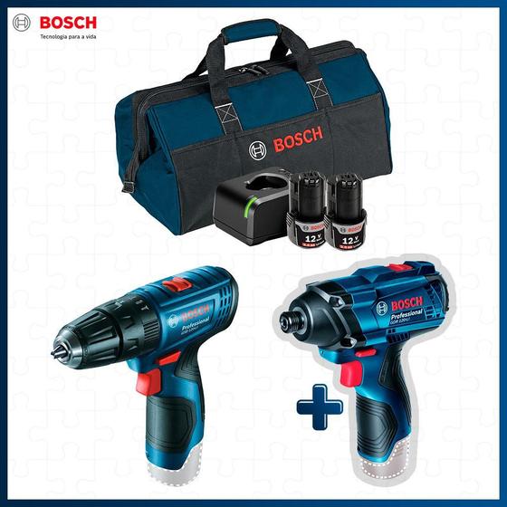 Furadeira Parafusadeira Bosch com Kit Recarga, Bolsa e Chave de Impacto ...