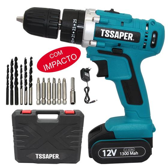 Imagem de Furadeira Parafusadeira com impacto 3/8 Bateria 12v Com Acessorios Tssaper TPA12i