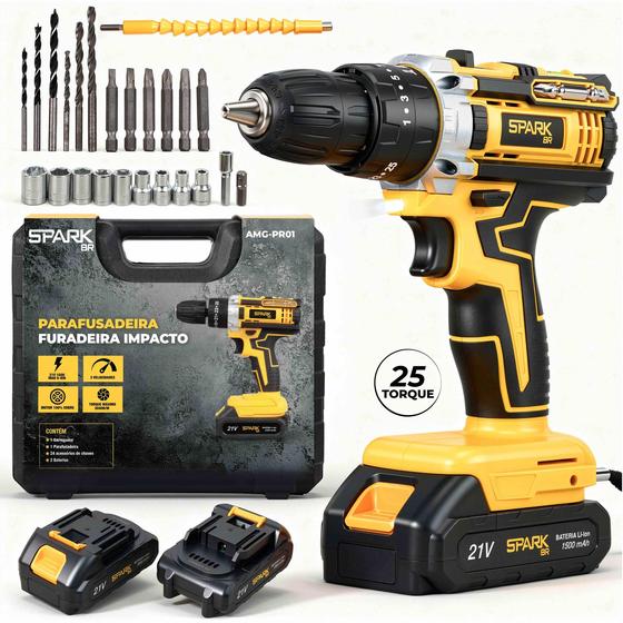 Furadeira Parafusadeira de Impacto SparkBr 21V com 2 Baterias e 26 Acessórios